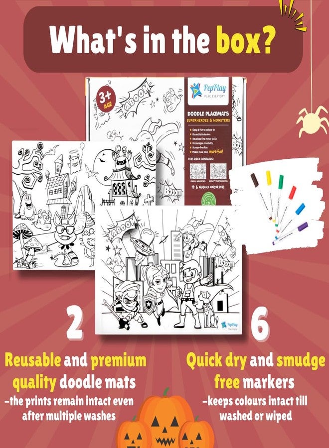 PepPlay Doodle Placemats - Superheroes and Monsters, 2 Coloring mats & 6 Quick Dry Smudge-Free Markers, Travelling Toys, No Mess Art Kit, Color and Wipe, Gifts for 3-7 Years - Image 2